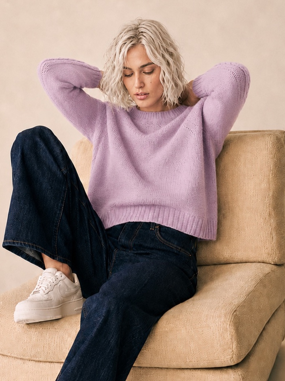 J.Crew Cashmere Bouclé Cable-Sleeve Sweater – Lilac Purple, Size M